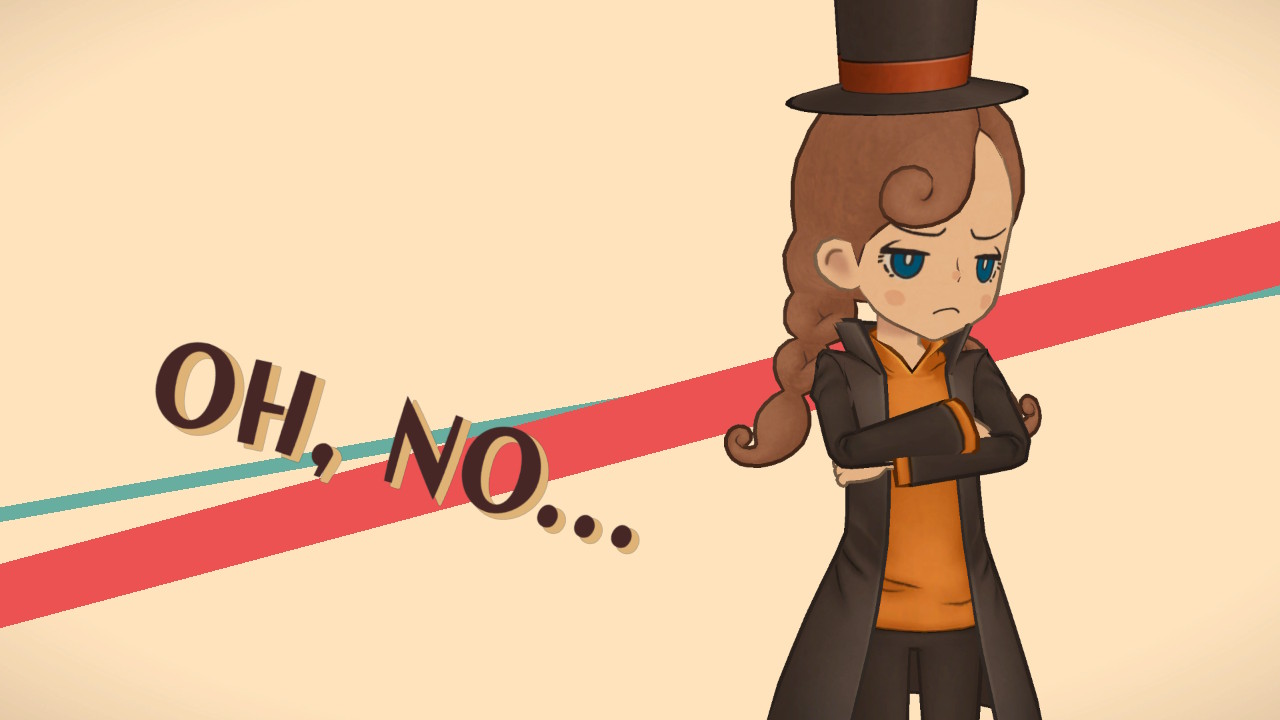 Katrielle stands on a biege background arms crossed looking sad with the big letters Oh No beside her. She is wearing an outft reminiscent of the original Layton character